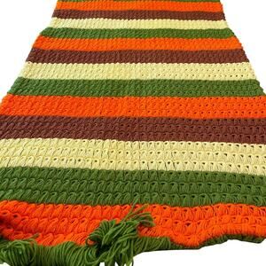 Vintage 1970s Afghan Striped Crocheted Colors Throw Fall Granny Core Boho Retro